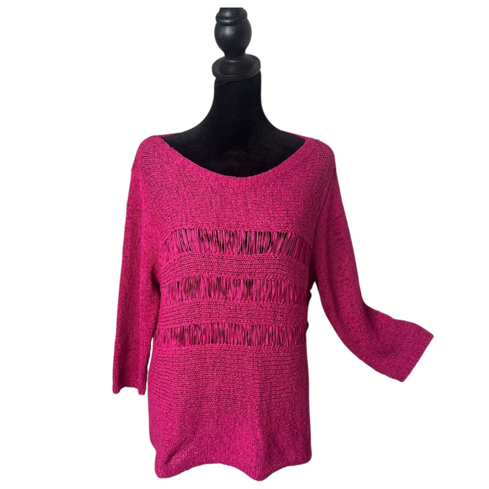Chicos Open Crochet Knit Top Size 2 US Large Pullover Sweater Pink 3/4 Sleeve